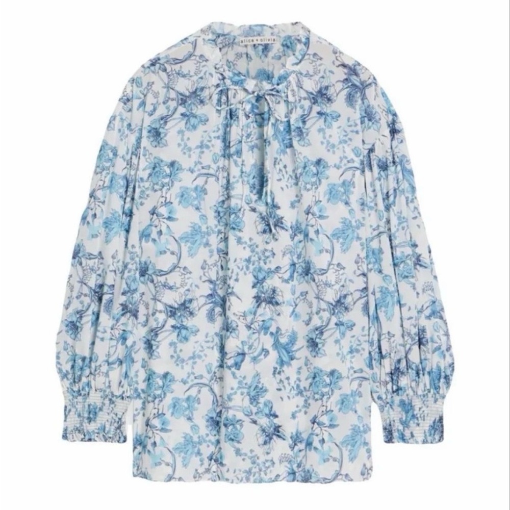NWT Alice + Olivia Julius Tie Neck Blouson Sleeve Stretch Silk Top